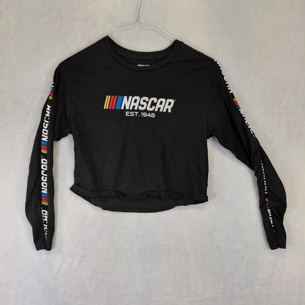NASCAR Womens Small Black Long Sleeve Cropped Graphic T-Shirt Logo Sleeve Tape